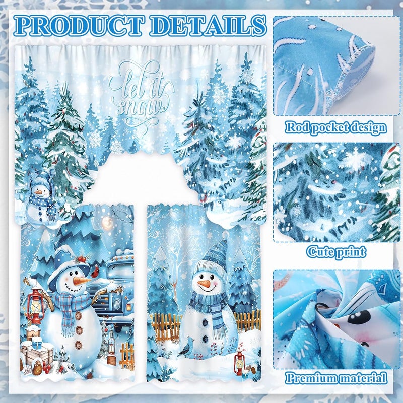 FuWeave Christmas Kitchen Curtains 3 Piece Set Blue Snowman Window Curtains and Valance Set Xmas Curtain Swag for Kitchen Bedroom Living Room Decor, 60 x 36 Valance, 36 x 30 Tier - Image 3